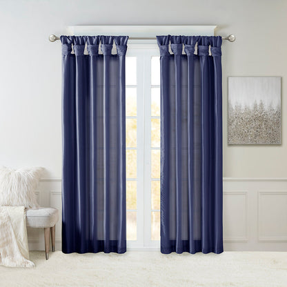 Emilia 100% Polyester Solid Faux Silk Lined Twist Tab Window Curtain - Navy