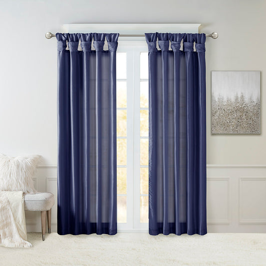 Emilia 100% Polyester Solid Faux Silk Lined Twist Tab Window Curtain - Navy