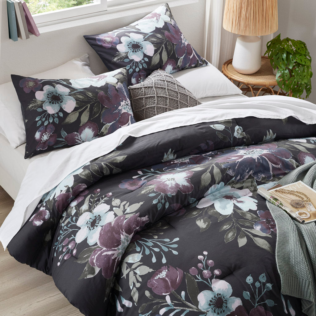 Jolene 3 Piece Cotton Printed Comforter Set - Dark Grey/Plum