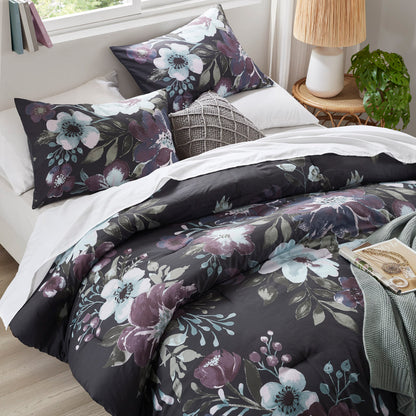 Jolene 3 Piece Cotton Printed Comforter Set - Dark Grey/Plum