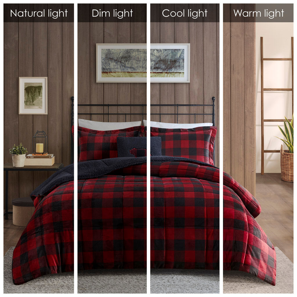 Alton Plush to Sherpa Down Alternative Comforter Set - Red/Black Buffalo Check