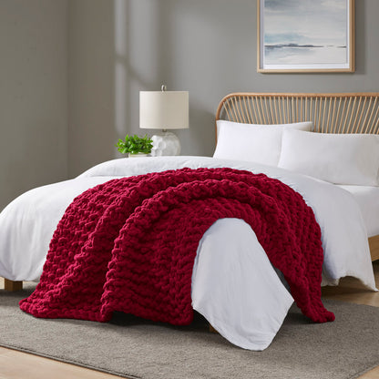 Chenille Chunky Knit Throw - Red