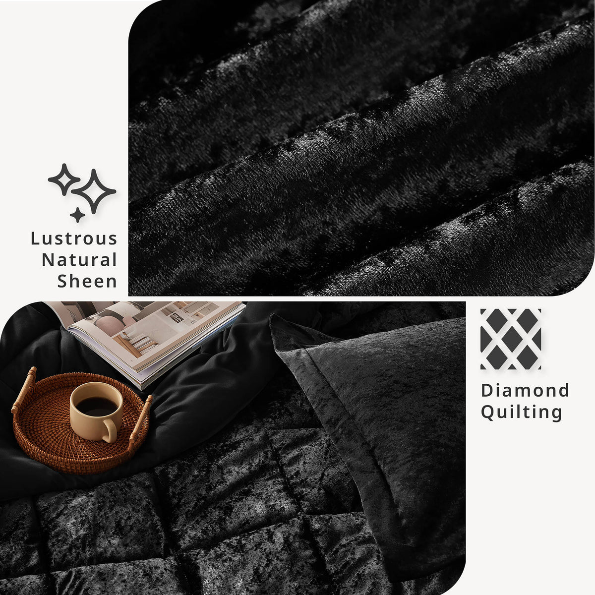 Felicia Velvet Comforter Set with Throw Pillow - Black