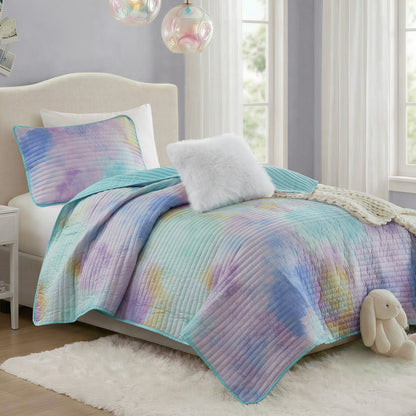 Cassiopeia Watercolor Tie Dye Printed Quilt Set with Throw Pillow - Aqua