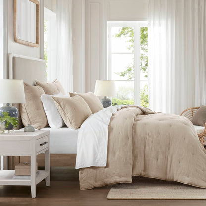 Breeze cotton gauze embroidered Quilt Set - Taupe