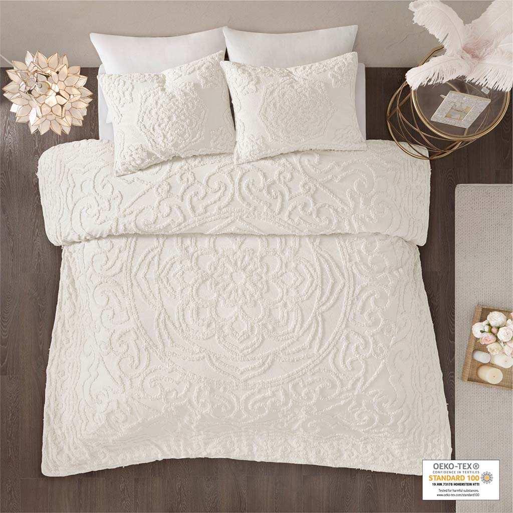 Laetitia Tufted Cotton Chenille Medallion Duvet Cover Set - Off-White