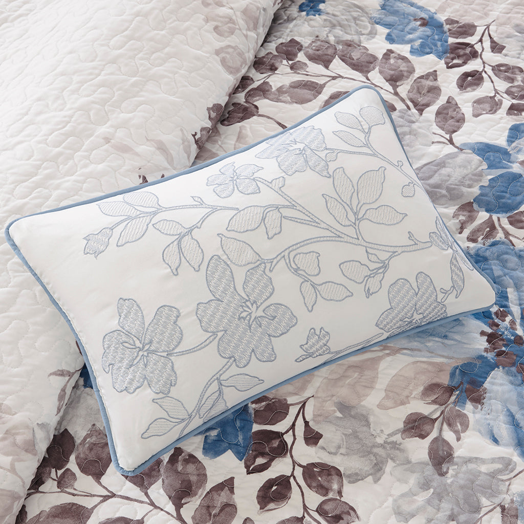 Luna 6 Piece Printed Quilt Set with Throw Pillows - Blue