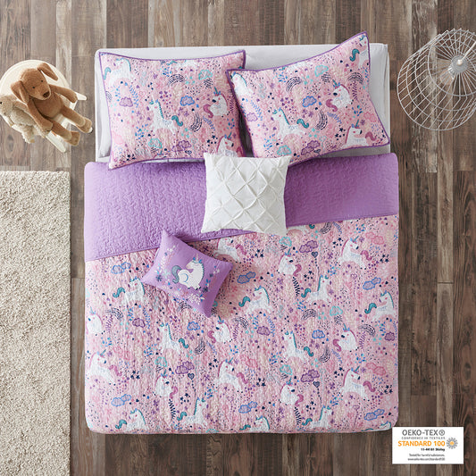 Lola Unicorn Reversible Cotton  Quilt Set with Throw Pillows - Pink