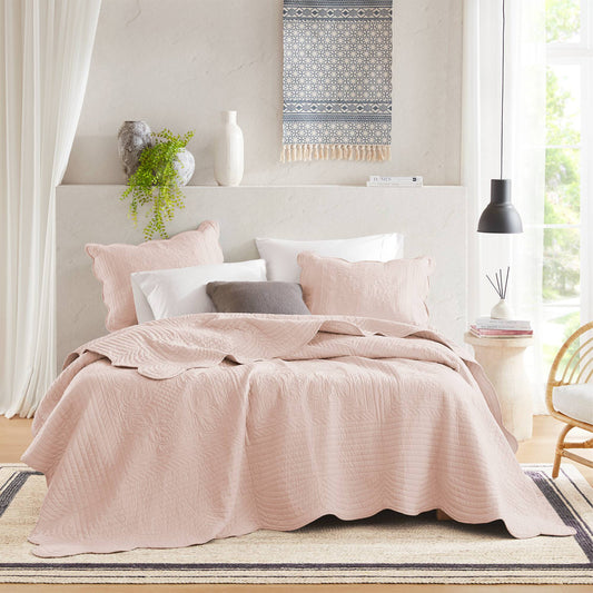 Tuscany 3 Piece Reversible Scalloped Edge Quilt Set - Blush