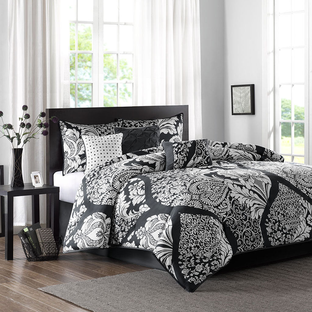 Vienna 7 Piece Cotton Printed Comforter Set - Black