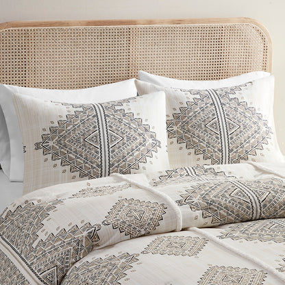 Ibiza 4 Piece Printed Comforter Set with Throw Pillow - Black/Ivory