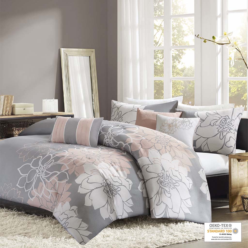 Lola 6 Piece Printed Duvet Cover Set - Grey/Peach
