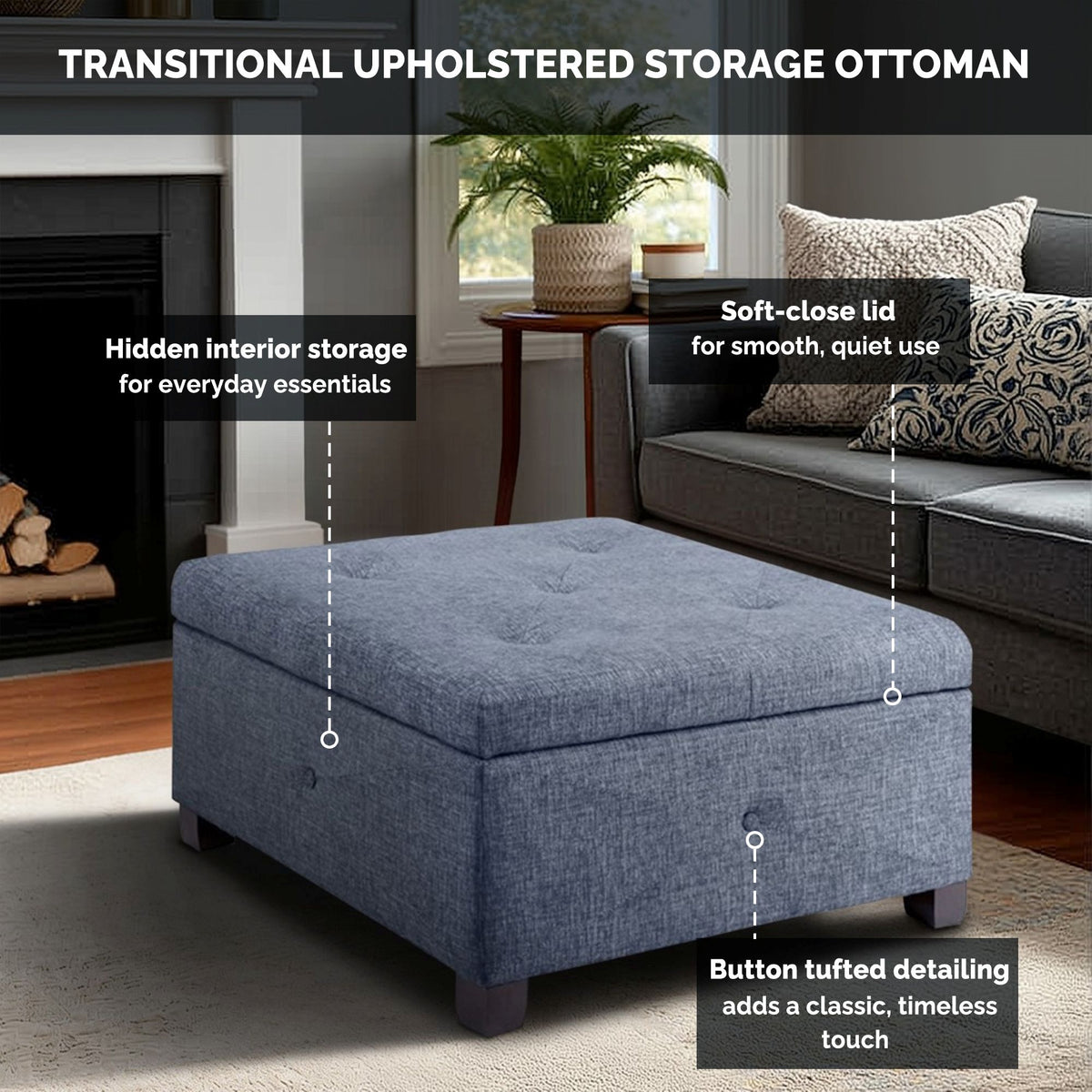 Della Upholstered Soft Close Ottoman - Blue