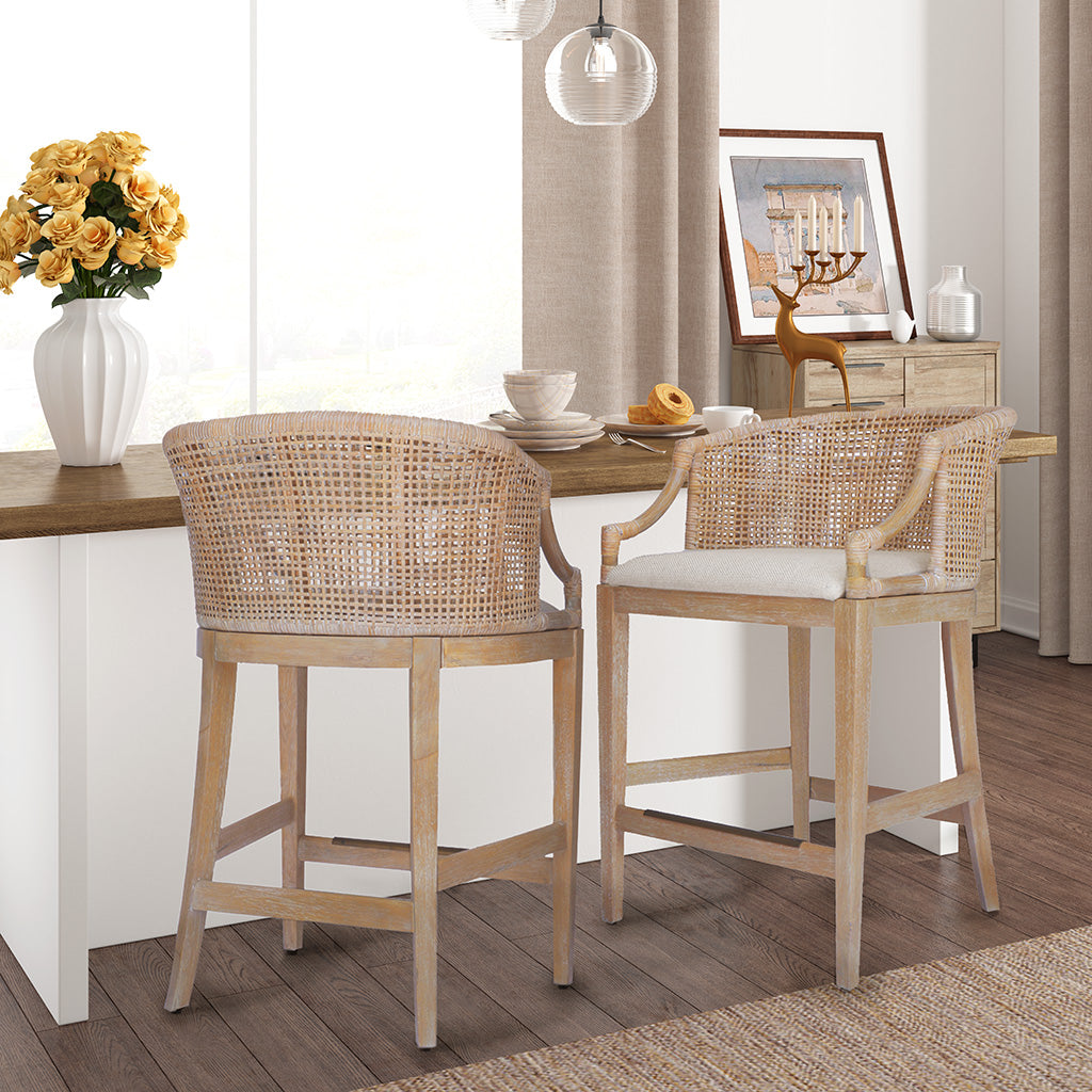 Playa Handcrafted Rattan & Wood Counter Stool 25" H - Natural Whitewash