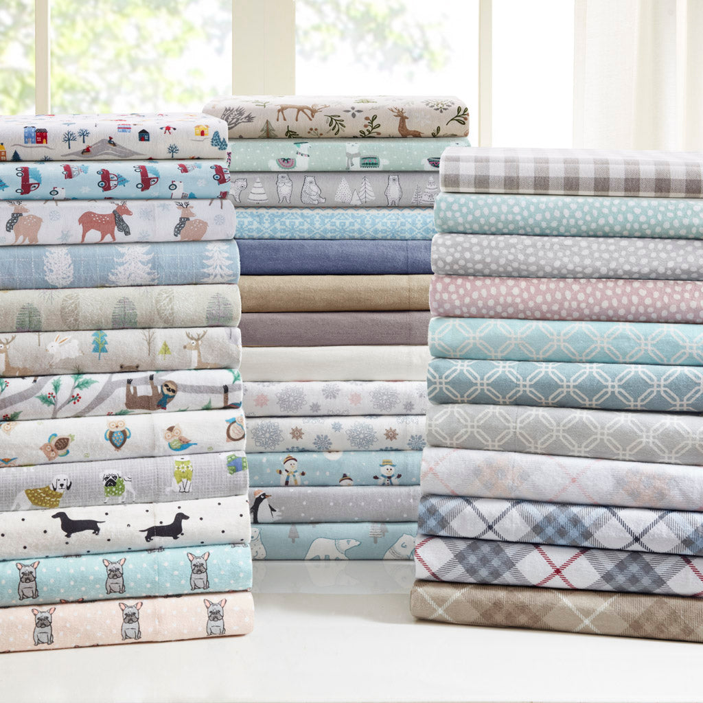 Cozy Cotton Flannel Printed Sheet Set - White Village Print