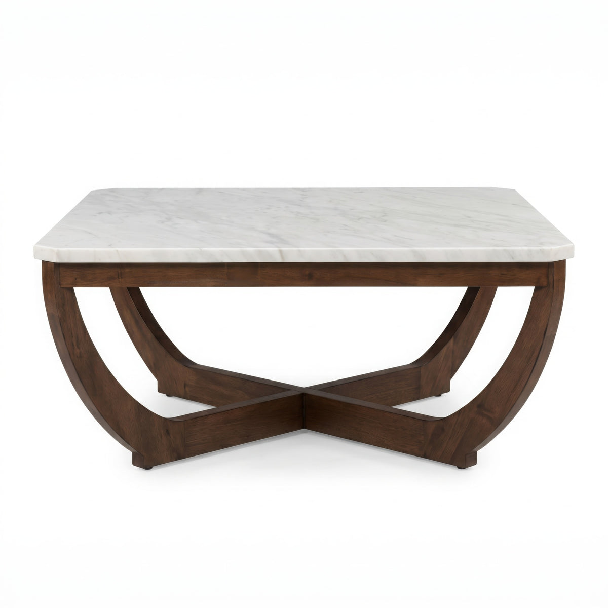 Calvedra Curve Marble-Look Coffee Table with Curved Walnut Wood Legs - White Marble/Walnut