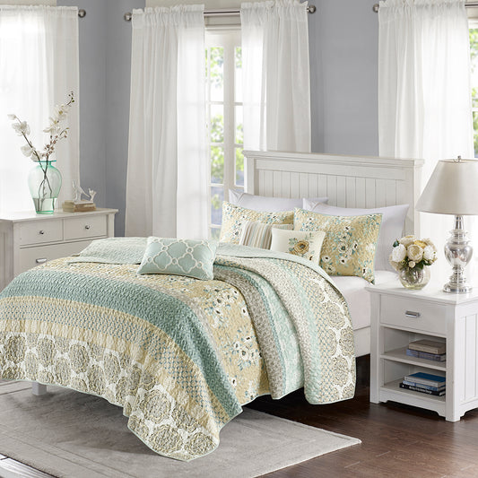 Willa 6 Piece Cotton Quilt Set with Throw Pillows - Green
