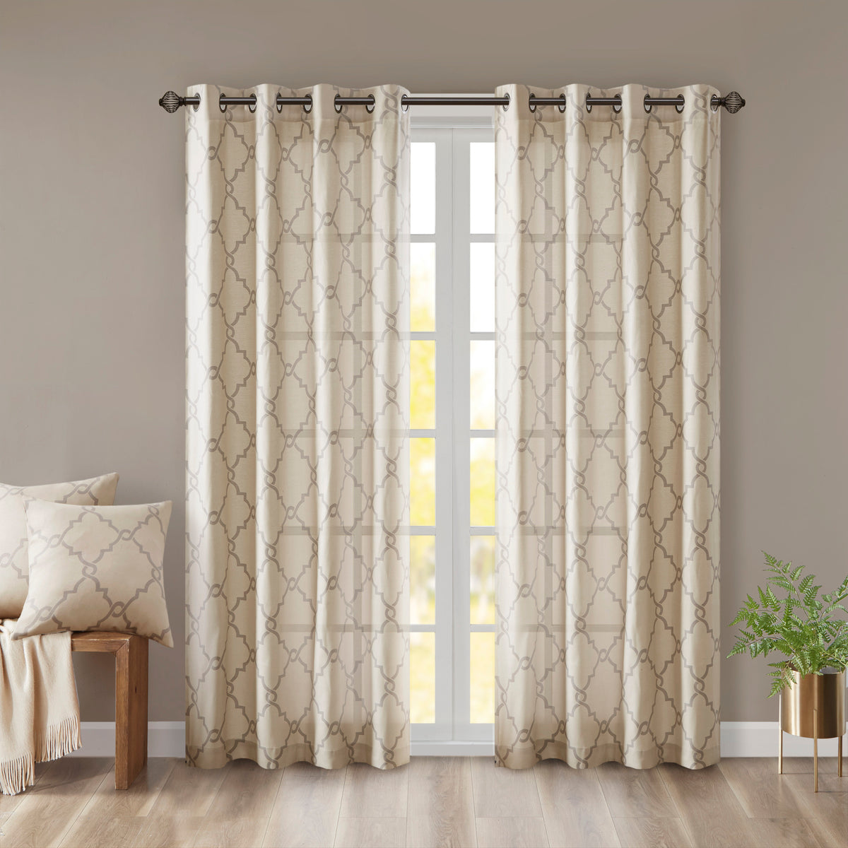 Saratoga Fretwork Print Grommet Top Window Curtain Panel - Beige/Grey