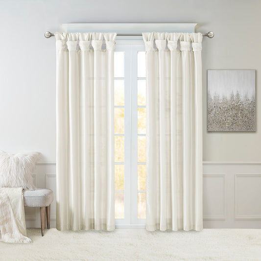 Emilia 100% Polyester Solid Faux Silk Lined Twist Tab Window Curtain - White