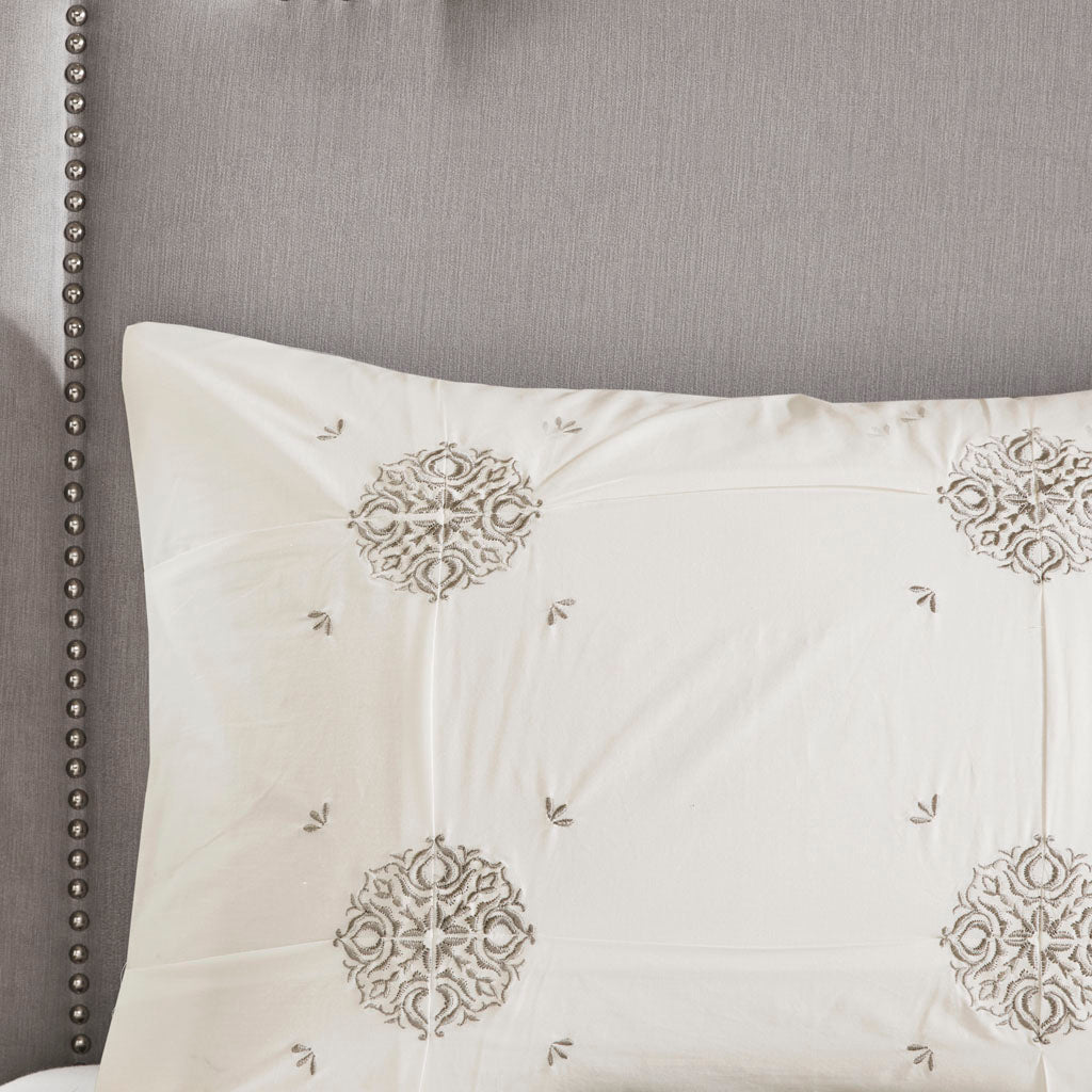 Malia 4 Piece Embroidered Cotton Reversible Duvet Cover Set - Ivory