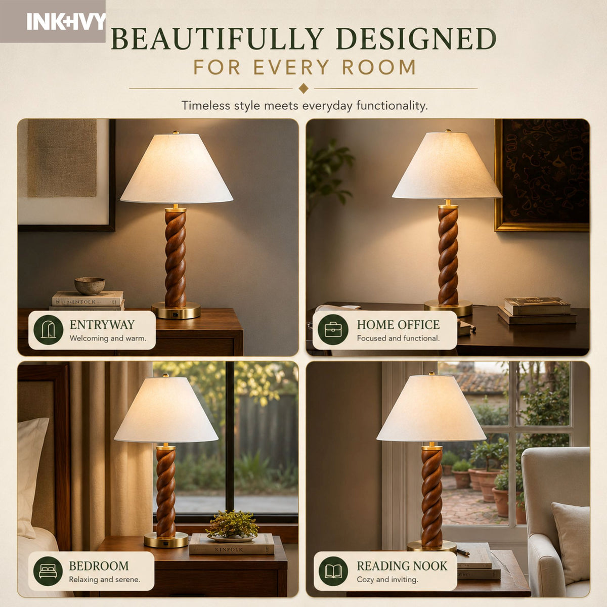 Helixia Twisted Faux Wood Table Lamp with USP C Port - Brown