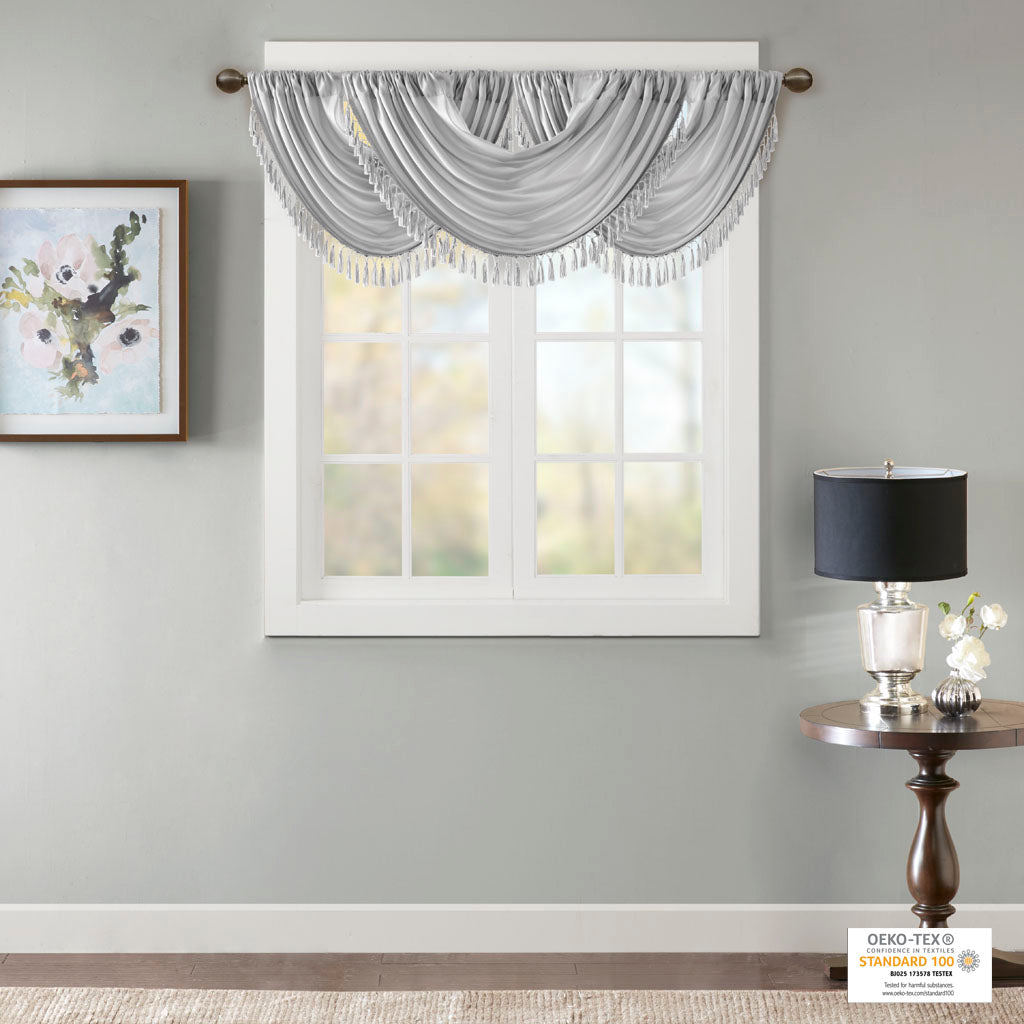 Elena Faux Silk Waterfall Embellished Valance - Silver