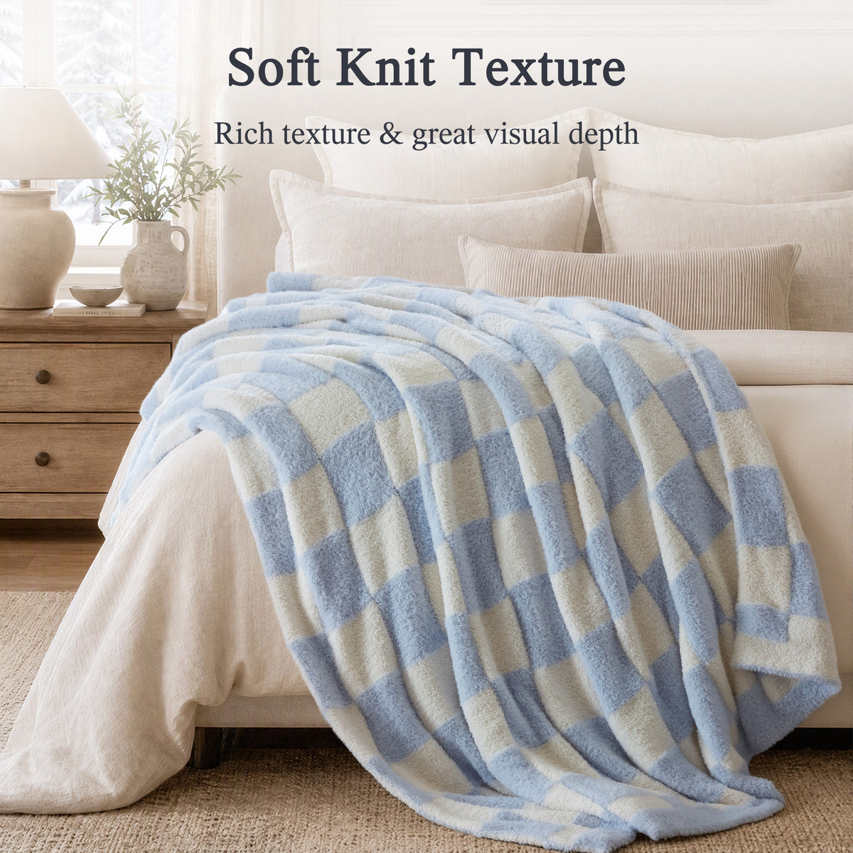 Checkerboard Feathersoft Fur Knit Throw - Blue