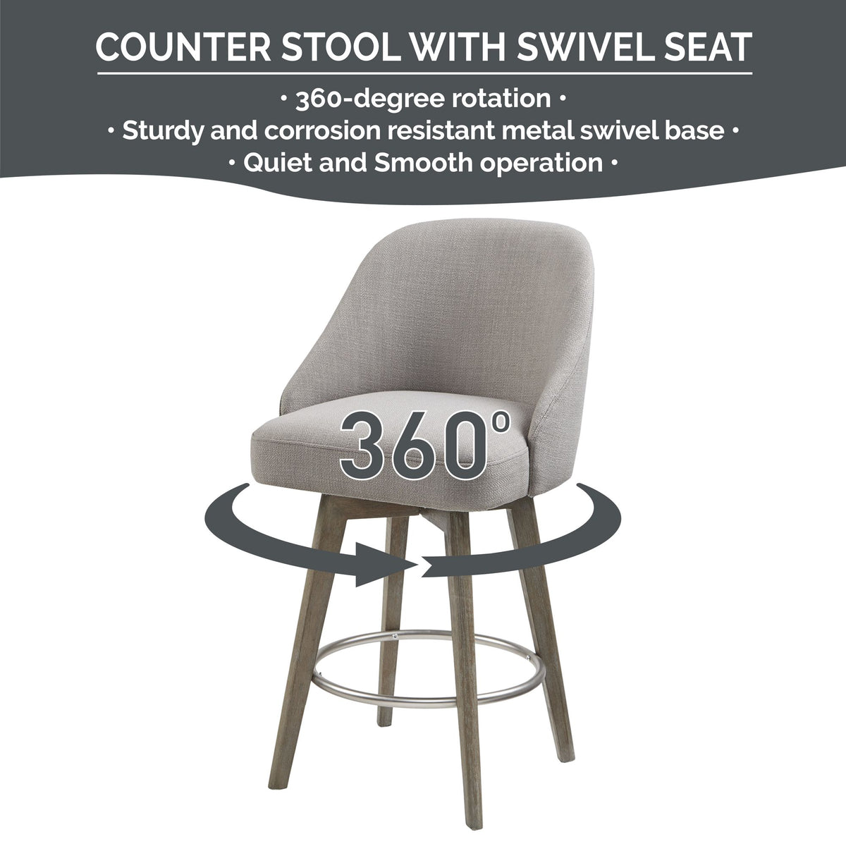 Pearce Swivel Upholstered Counter Stool with Solid Wood Legs & Metal Footrest - Grey