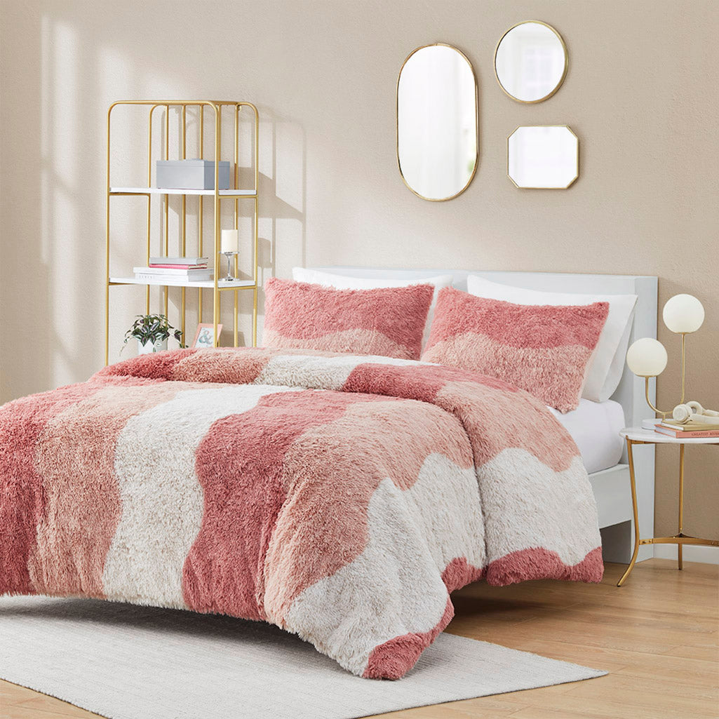 Cassie Ombre Shaggy Faux Fur Duvet Cover Set - Blush Multi