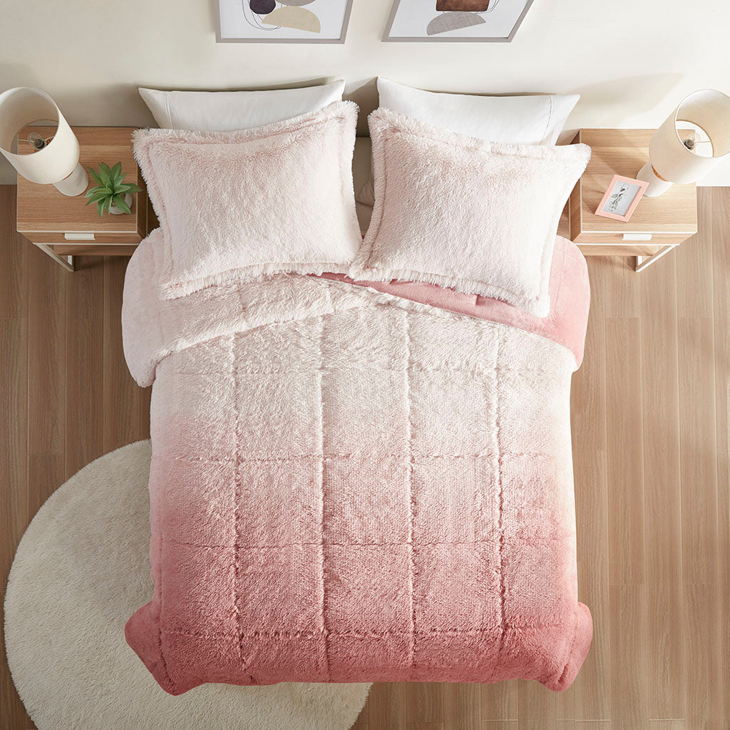 Brielle Ombre Shaggy Long Fur Comforter Mini Set - Blush