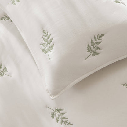 Willow Embroidered Botanical 100% Cotton Lightweight 3 Piece Quilt Set - White/Sage