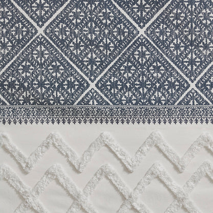 Mila Cotton Printed Curtain Panel with Chenille detail and Lining - Navy
