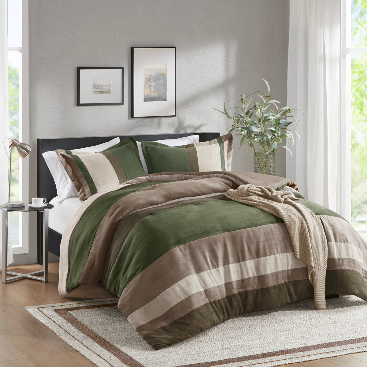 Highland Stripe Pieced Faux Suede Comforter Set - Green