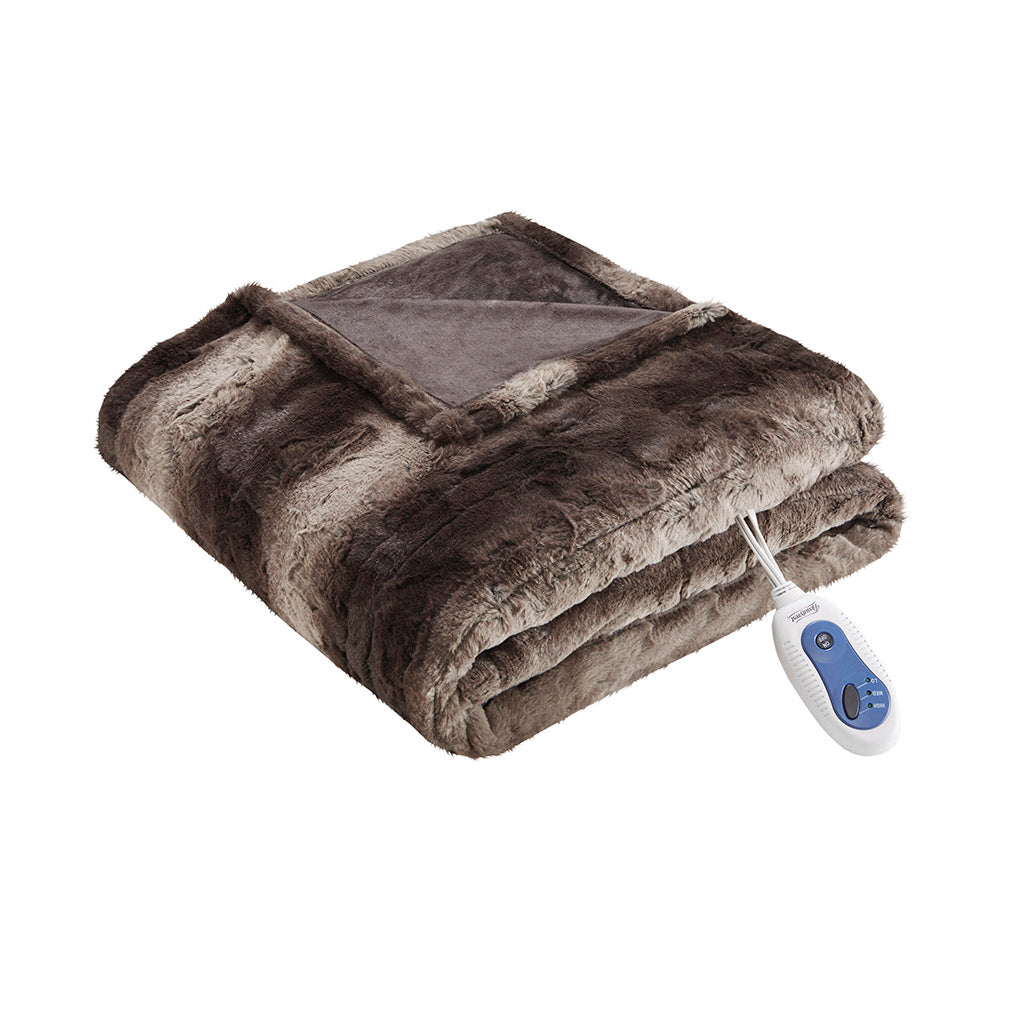 Zuri Oversized Faux Fur Heated Throw - Brown