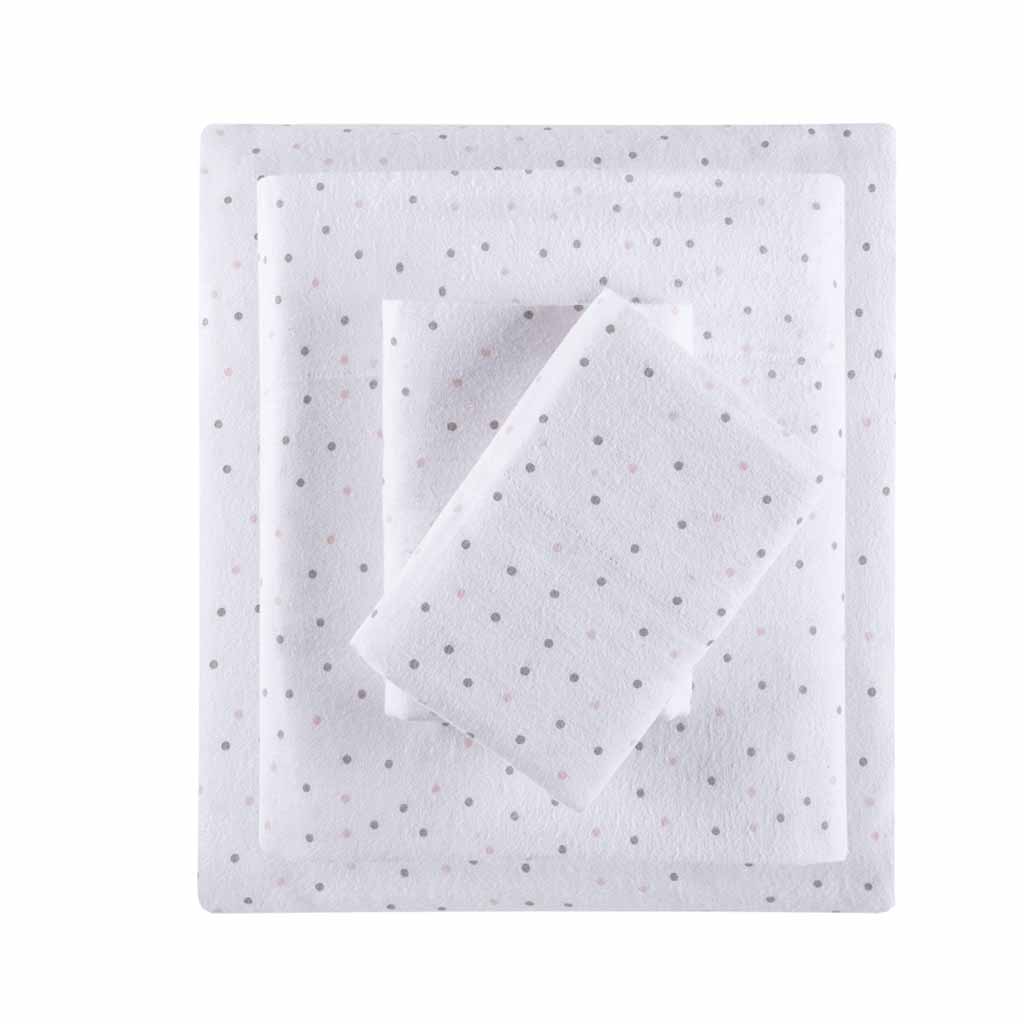 Cozy Soft Cotton Flannel Printed Sheet Set - Grey/Pink Dots