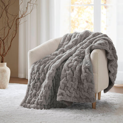 Ruched Fur Throw - Grey