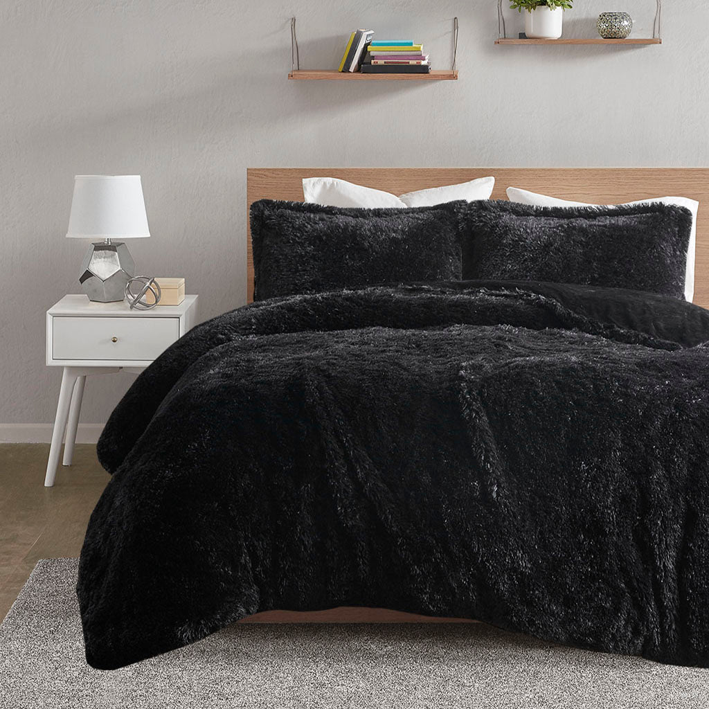 Malea Shaggy Fur Duvet Cover Set - Black