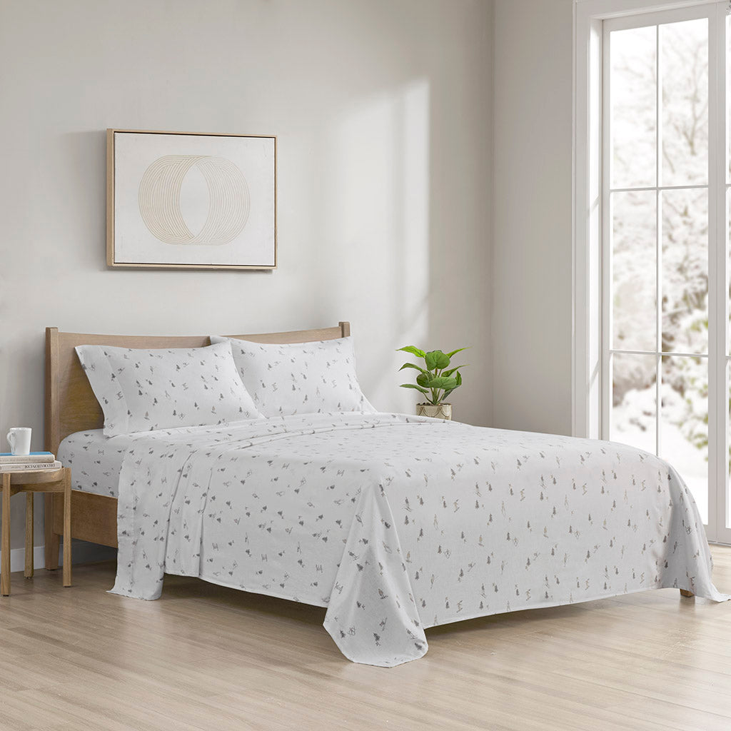 Cozy Cotton Flannel Printed Sheet Set - Gray Skiers