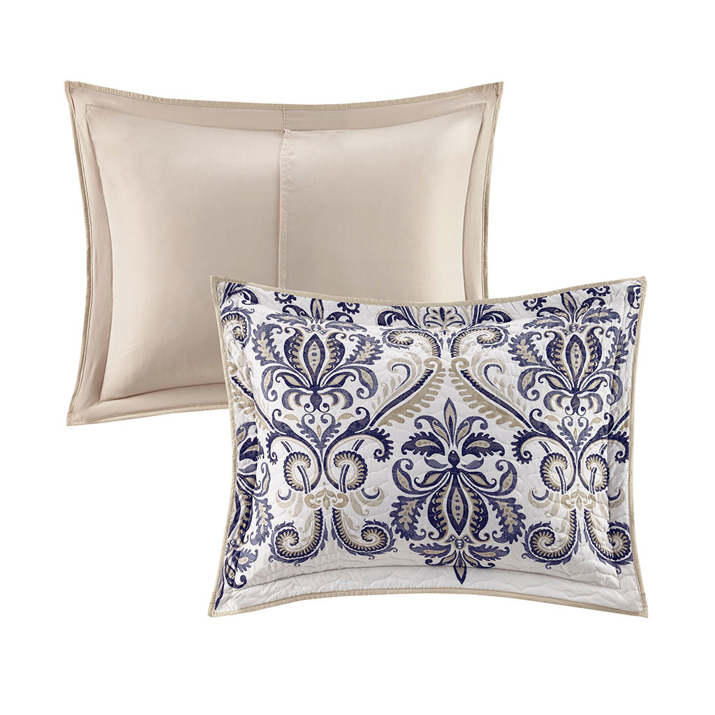 Cali 6 Piece Reversible Quilt Set with Throw Pillows - Navy/Tan