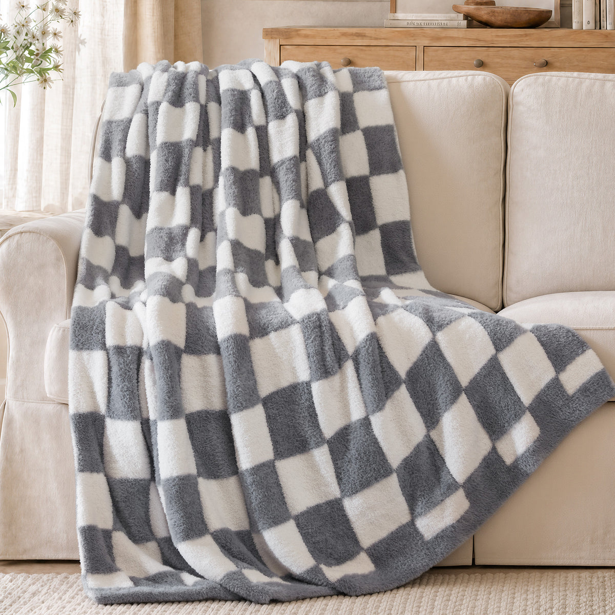 Checkerboard Feathersoft Fur Knit Throw - Gray