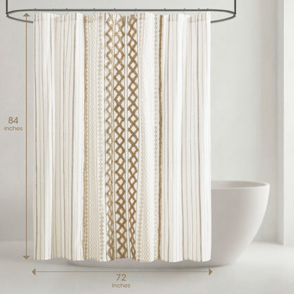 Imani Cotton Printed Shower Curtain with Chenille - Neutral