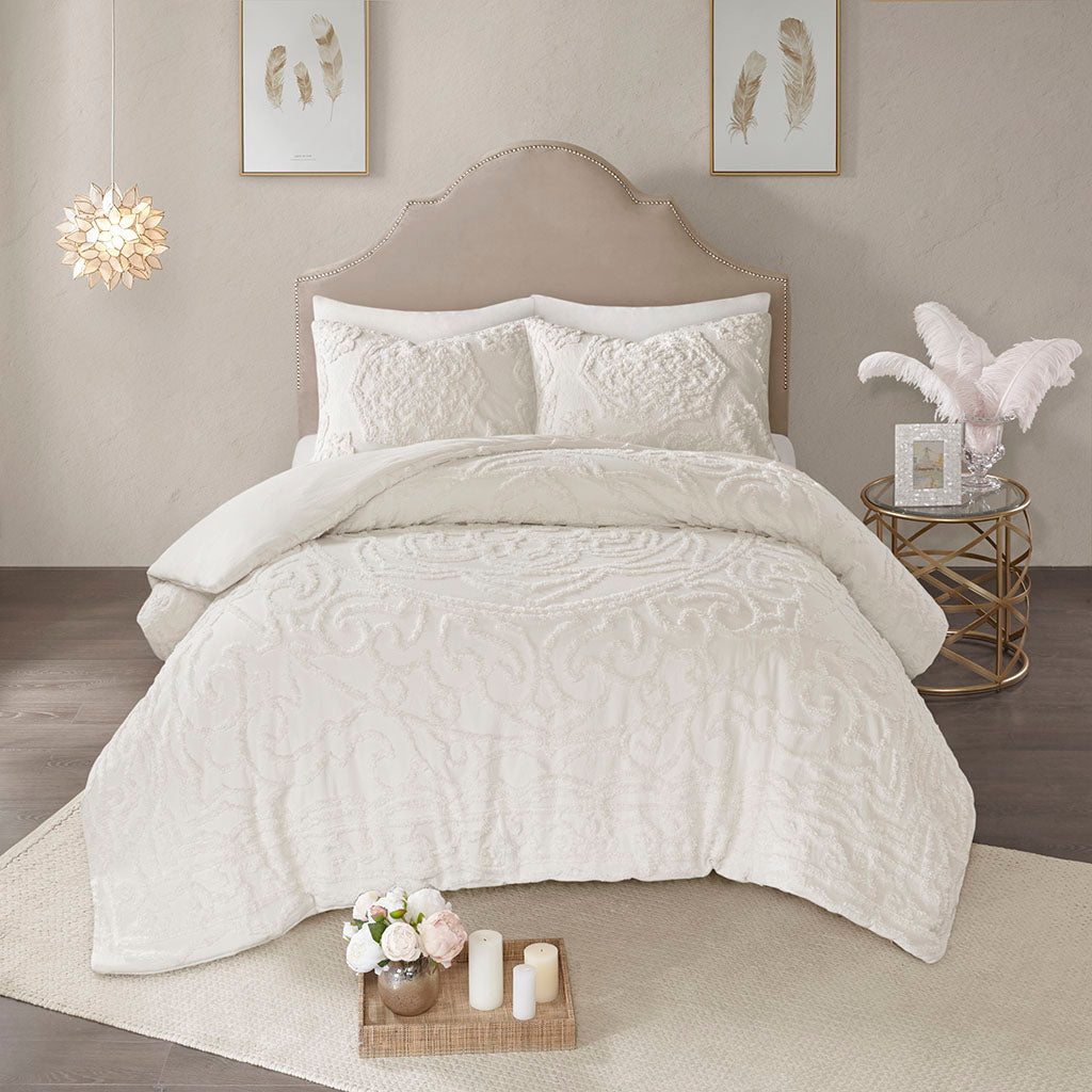 Laetitia Tufted Cotton Chenille Medallion Duvet Cover Set - Off-White