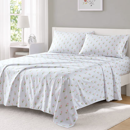 Printed Microfiber Sheet Set - Tulips Stripe