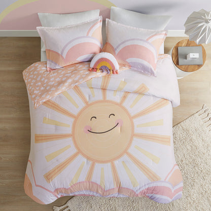 Dawn Sunshine Printed Reversible Comforter Set - Yellow/Coral