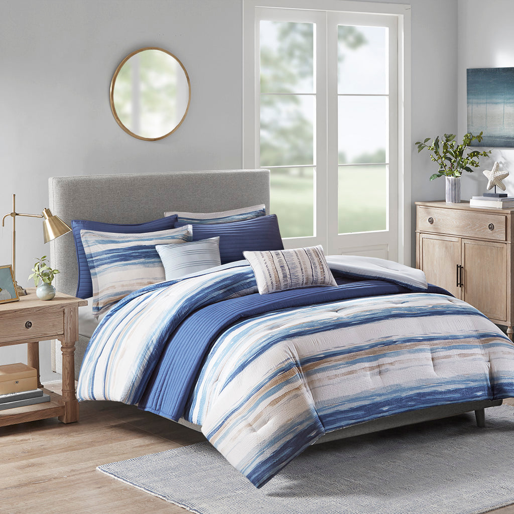 Marina 8 Piece Printed Seersucker Comforter and Quilt Set Collection - Blue