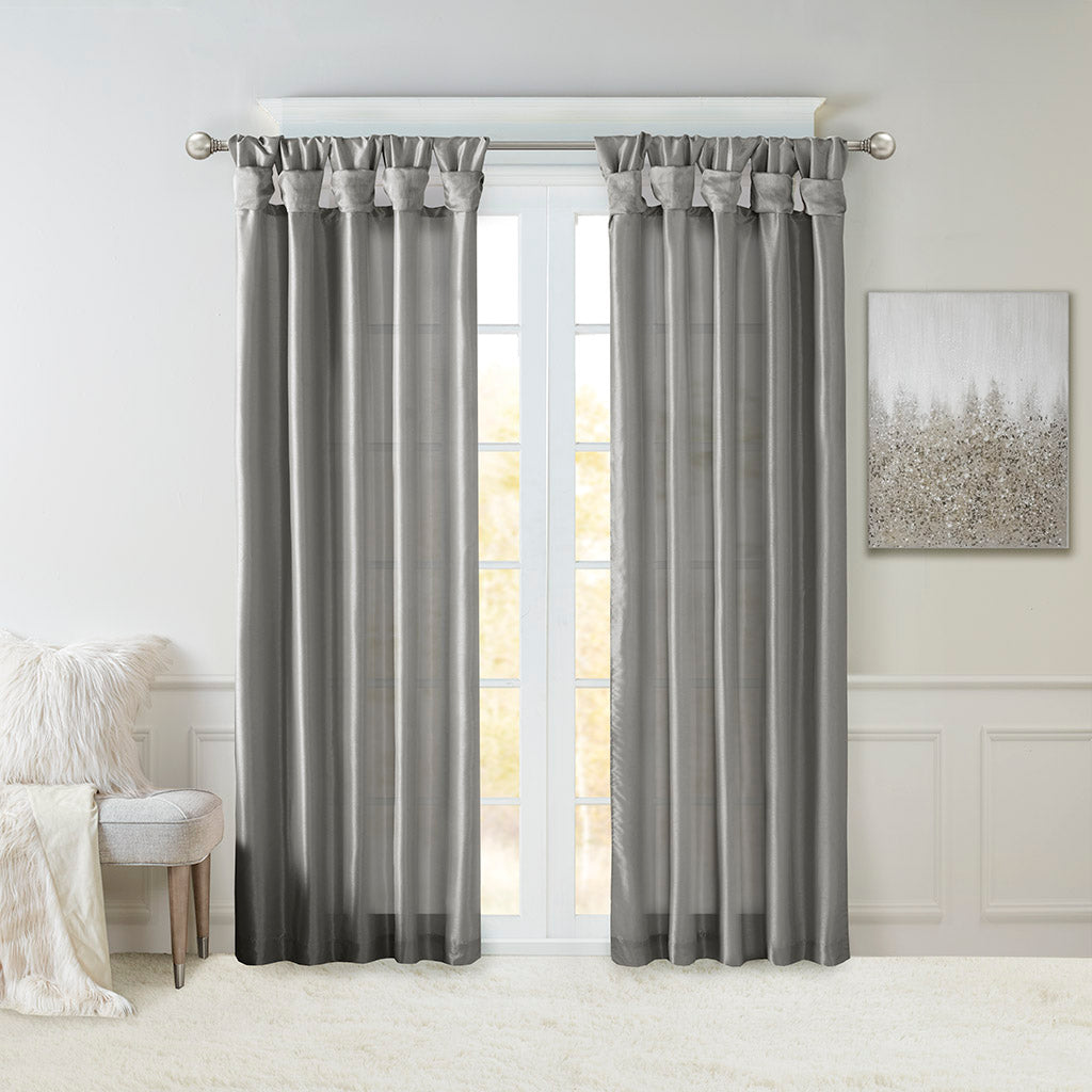 Emilia 100% Polyester Solid Faux Silk Lined Twist Tab Window Curtain - Charcoal