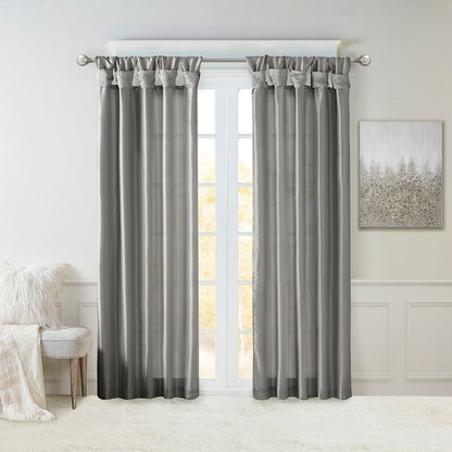 Emilia 100% Polyester Solid Faux Silk Lined Twist Tab Window Curtain - Charcoal