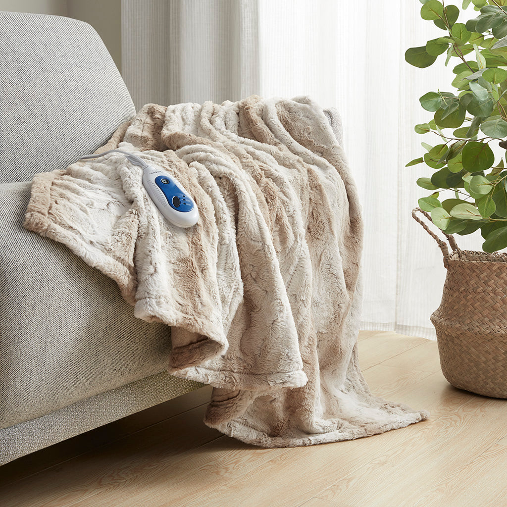 Zuri Oversized Faux Fur Heated Throw - Sand