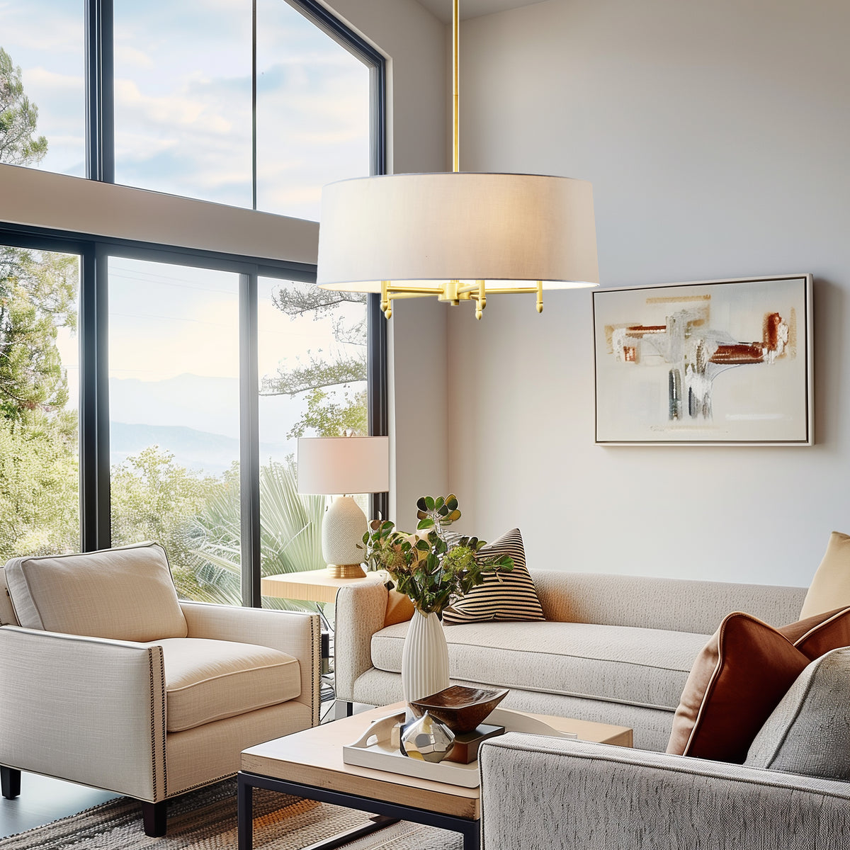 Presidio 5-Light Dimmable Chandelier with Drum-shaped Fabric Shade & Adjustable Height - Gold/White
