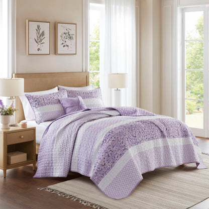 Caralie 4 Piece Seersucker Quilt Set with Throw Pillow - Purple